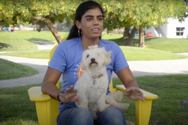 a student sits on the mounds with a dog in her lap